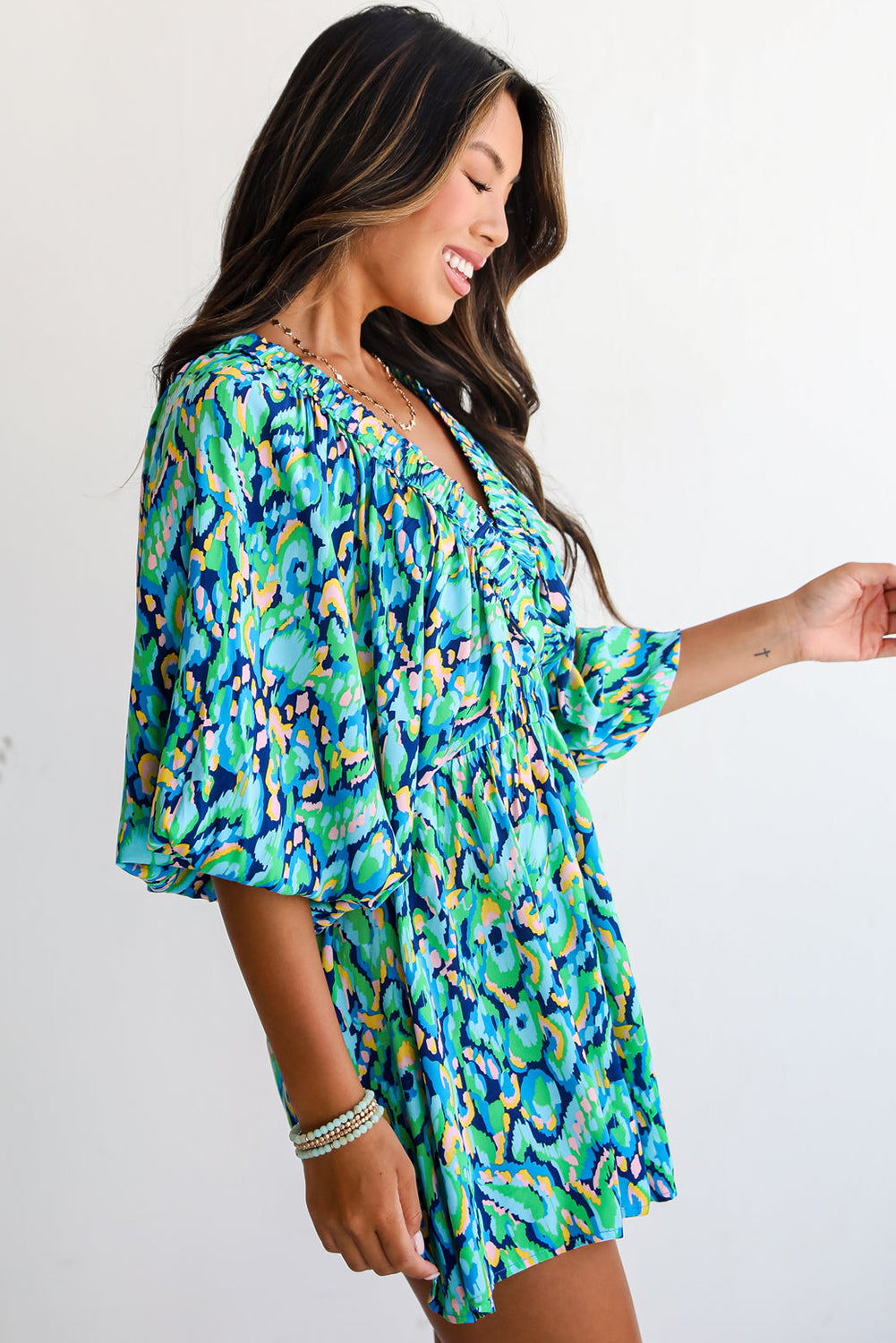 Green Abstract Print Puff Sleeve V Neck High Waist Romper