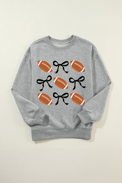 Gray Rugby Football Bow Knot Print Crewneck Sweatshirt