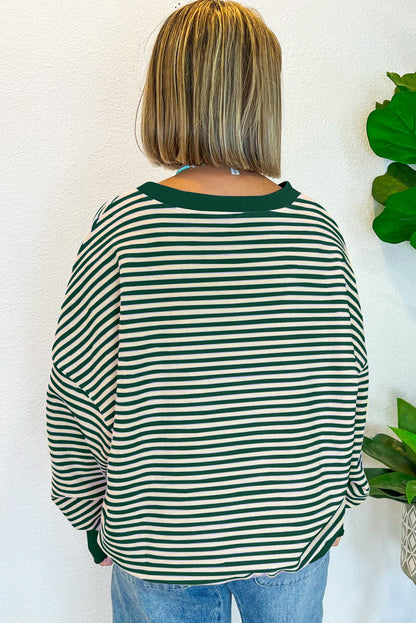 Green Stripe Nutcracker Doll Patched Drop Shoulder Long Sleeve Top