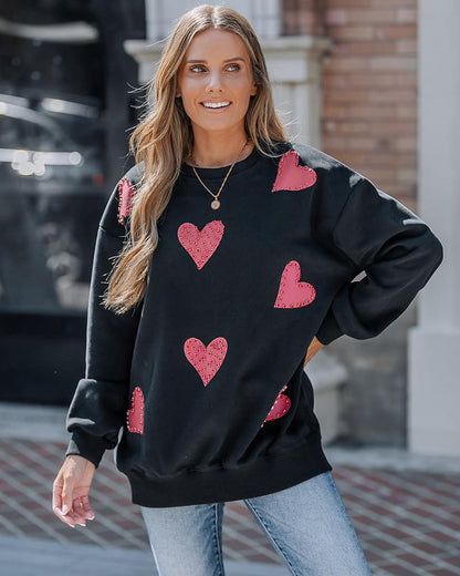 Heart Print Long Sleeve Rhinestone Decor Sweatshirt