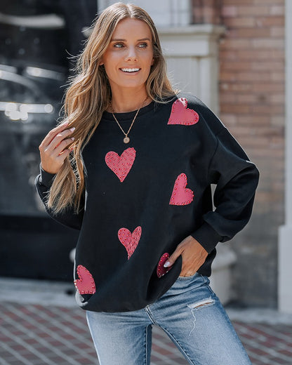 Heart Print Long Sleeve Rhinestone Decor Sweatshirt