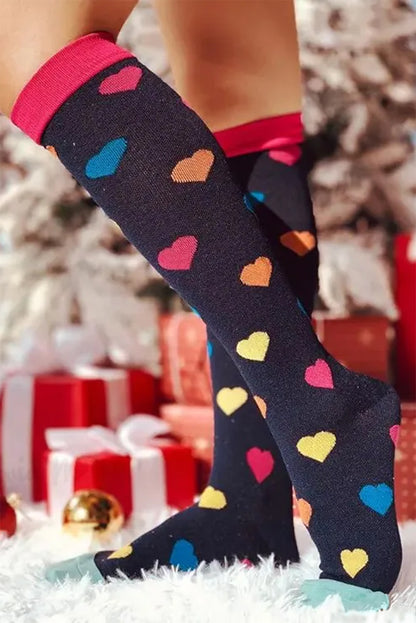 Navy Blue Valentine Heart Pattern Contrast Trim Mid-length Socks