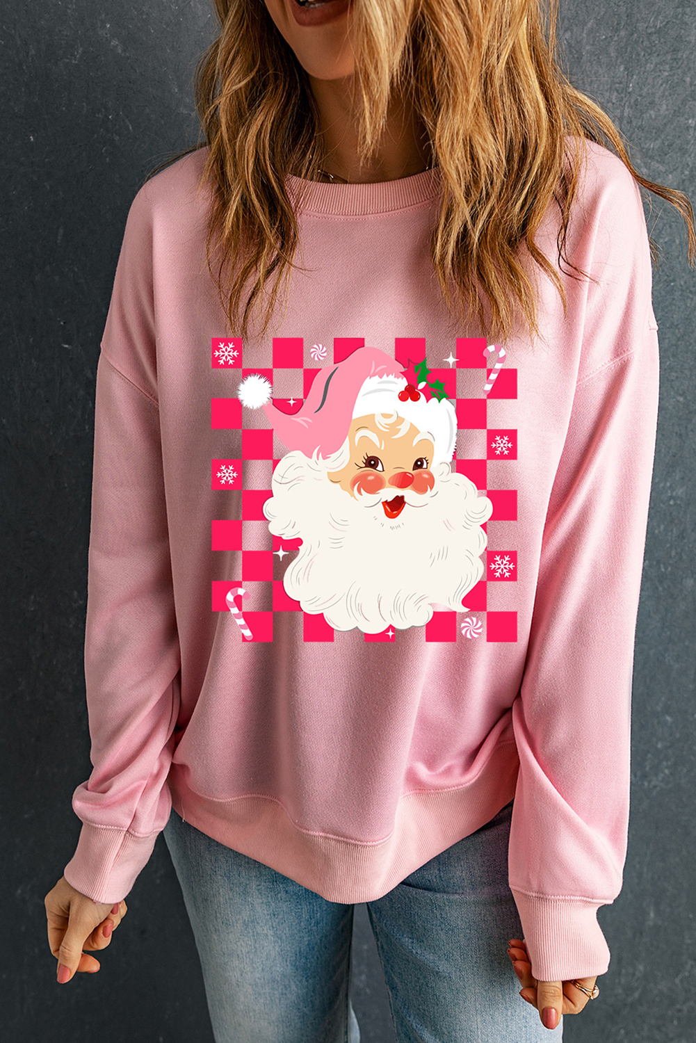 Pink Fancy Checkered Father Christmas Graphic Sweatshirt