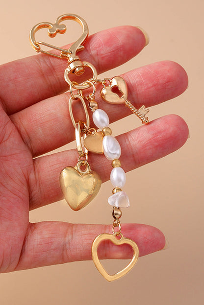 Gold Heart Shape Pearl Beaded Plated Alloy Keychain