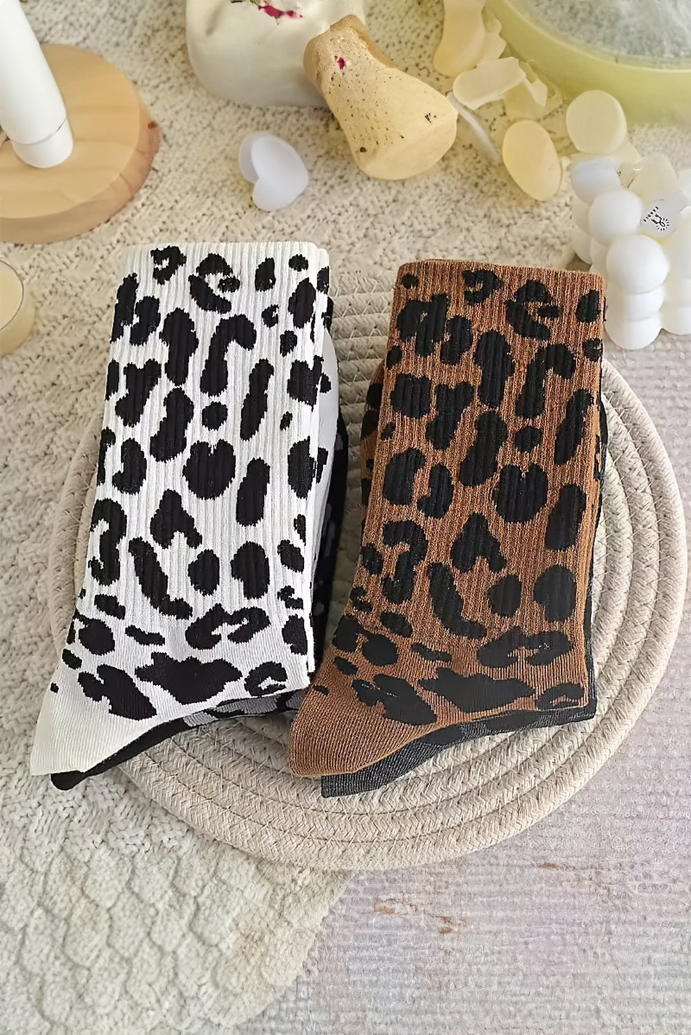 Chestnut Leopard Print Ribbed Crew Socks