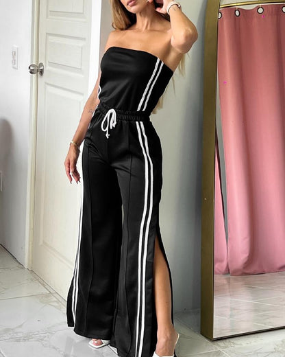 Stripe Print Bandeau Sleeveless Drawstring Slit Wide Leg Jumpsuit Casual Overalls