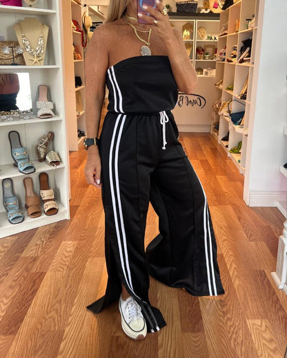 Stripe Print Bandeau Sleeveless Drawstring Slit Wide Leg Jumpsuit Casual Overalls