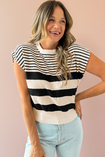 Black white Striped O Neck Sweater Vest