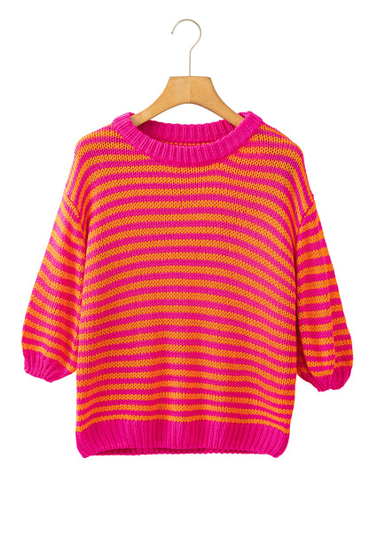 Rose Stripe 3/4 Puff Sleeve Drop Shoulder Sweater