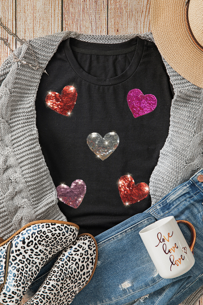 Black Sequin Heart Patched Pattern Crewneck Valentines Tee