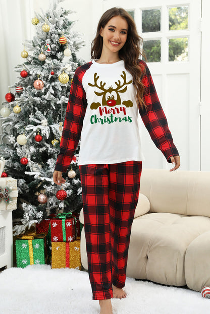 White Christmas Plaid Reindeer Graphic Long Sleeve Lounge Set