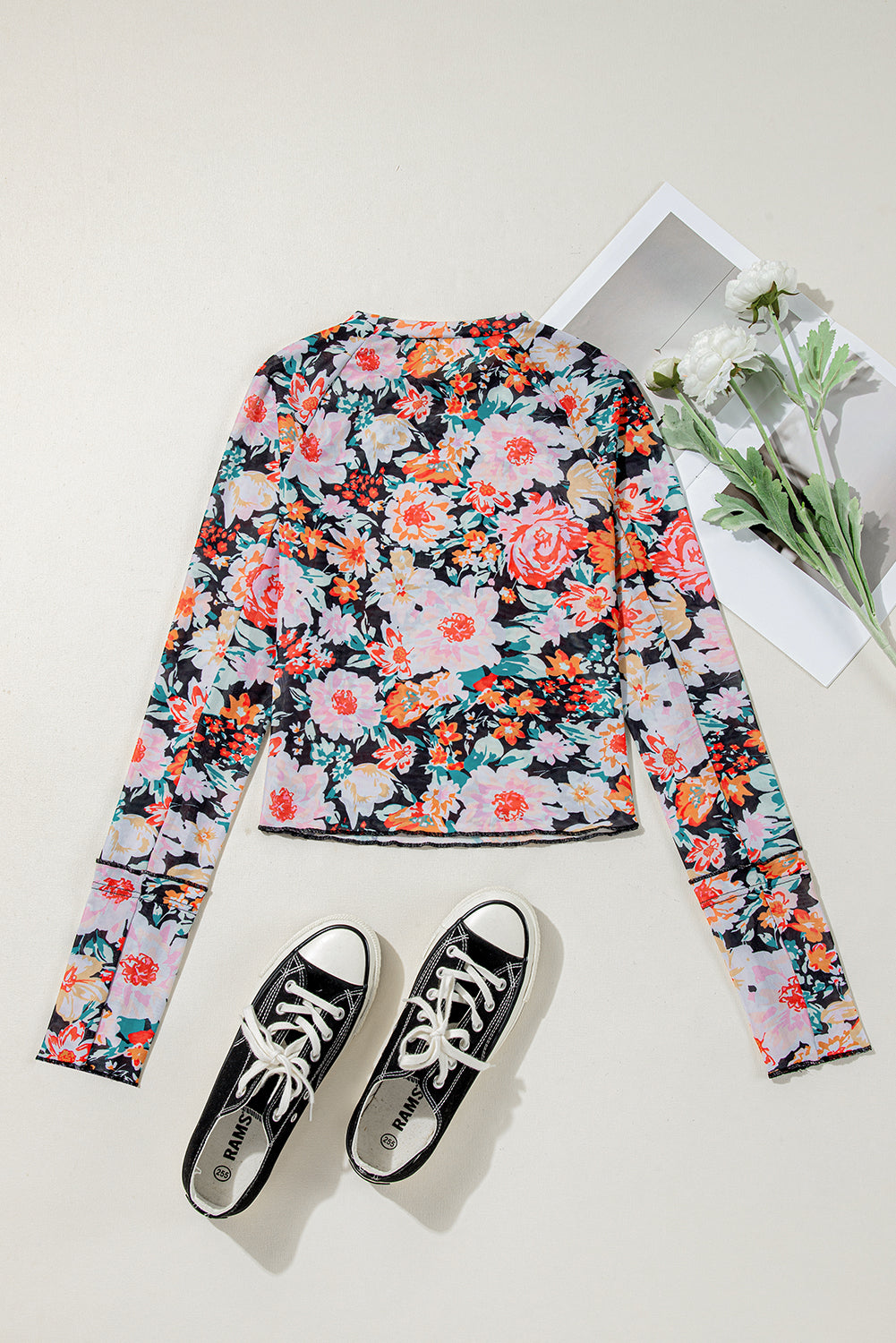 Orange Floral Mesh Slim Long Sleeve Crop Top