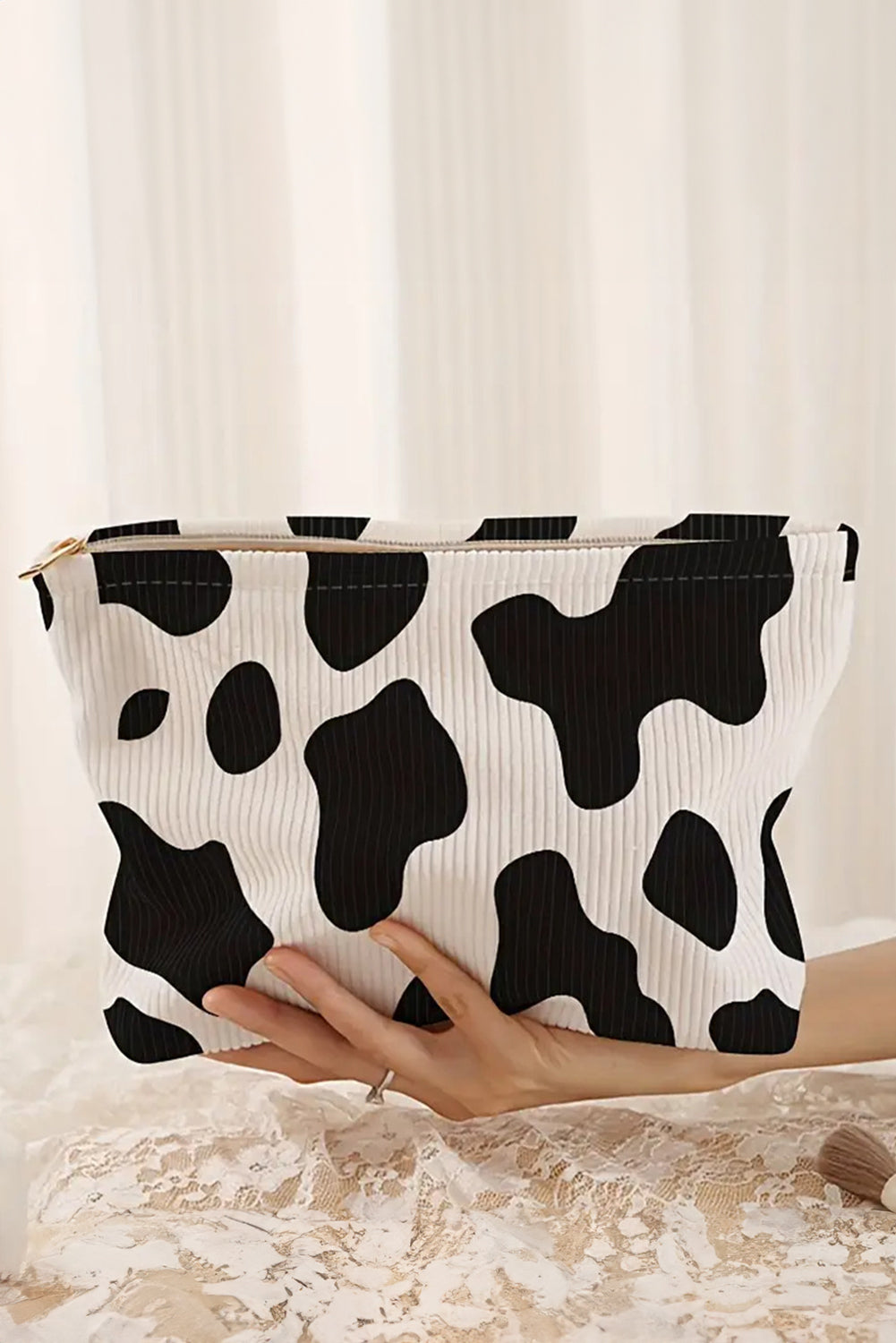 White Cow Print Corduroy Large Cosmetic Storage Bag