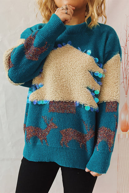 Peacock Blue Sequin Fuzzy Christmas Tree Tinsel Elk Drop Shoulder Sweater