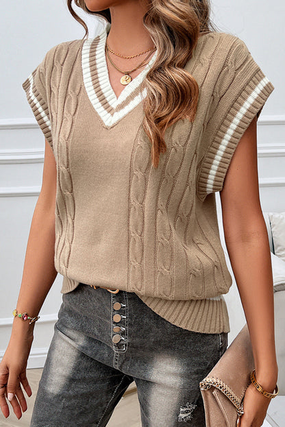 Light French Beige Colorblock V Neck Cap Sleeve Cable Knit Sweater