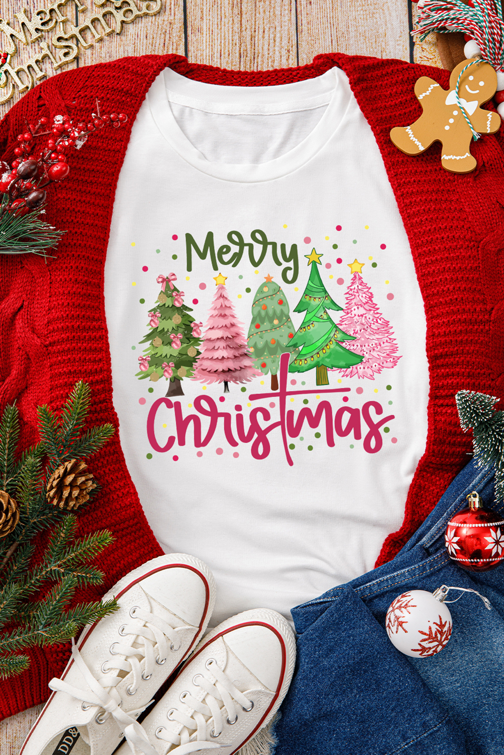 White Merry Christmas Holiday Vibe Graphic Crewneck T Shirt