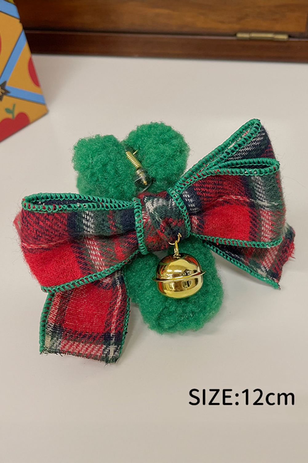 Dark Green Christmas Bell Cloth Bow Furry Plush Claw Clip