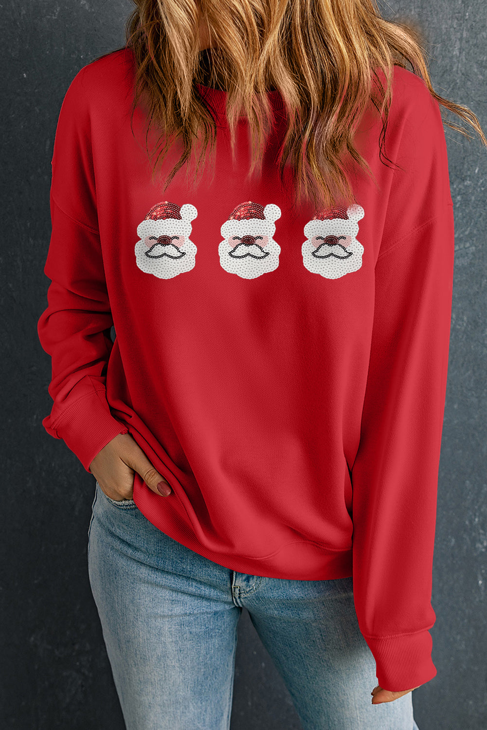 Red Sequin Father Christmas Patch Graphic Pullover Sweatshirt