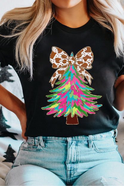 Black Heat Transfer Printing Christmas Tree Bowknot T-Shirt