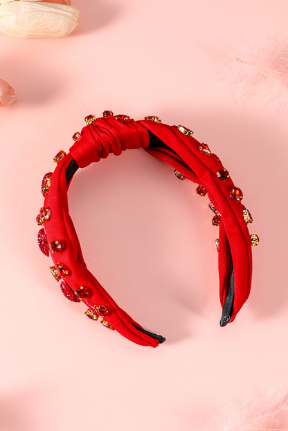 Fiery Red Rhinestone Heart Glass Drill Studded Knotted Wide Headband