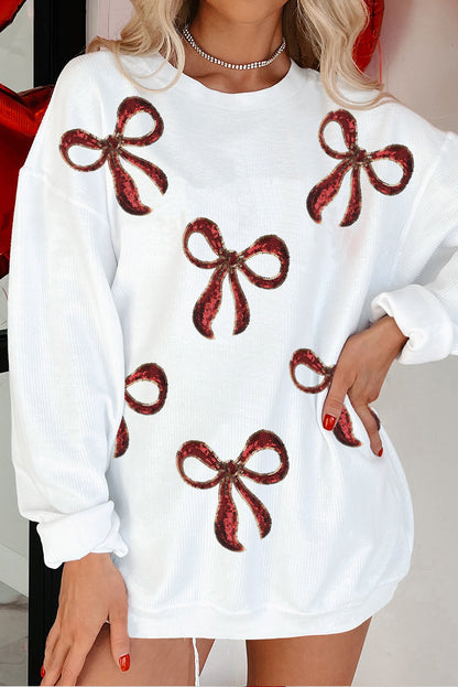 White Shiny Bowknot Pattern Valentine Loose Tunic Sweatshirt