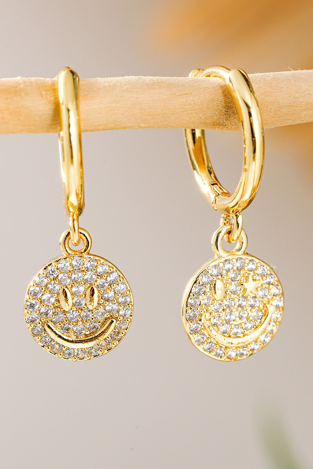 Gold Rhinestone Smiley Face Plated Hook Earrings