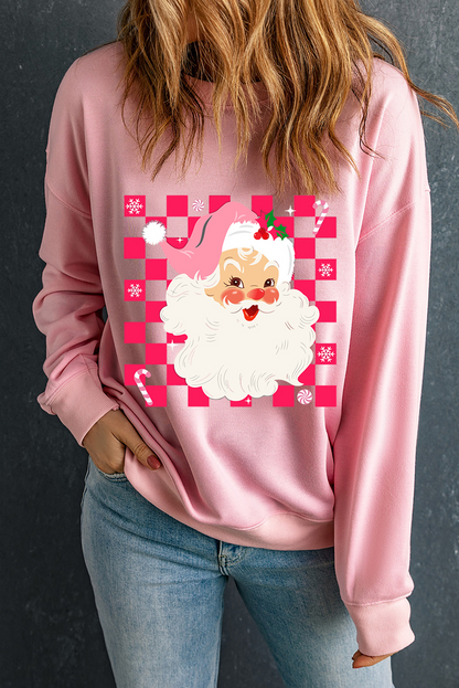 Pink Fancy Checkered Father Christmas Graphic Sweatshirt