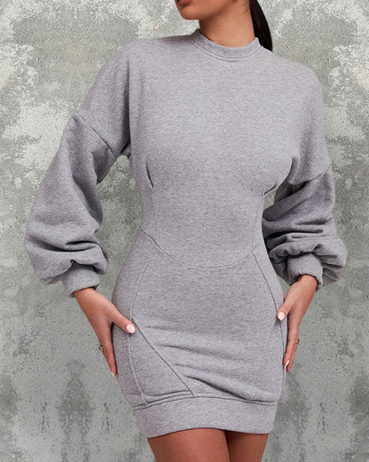 O neck Lantern Sleeve Mini Bodycon Sweatshirt Dress