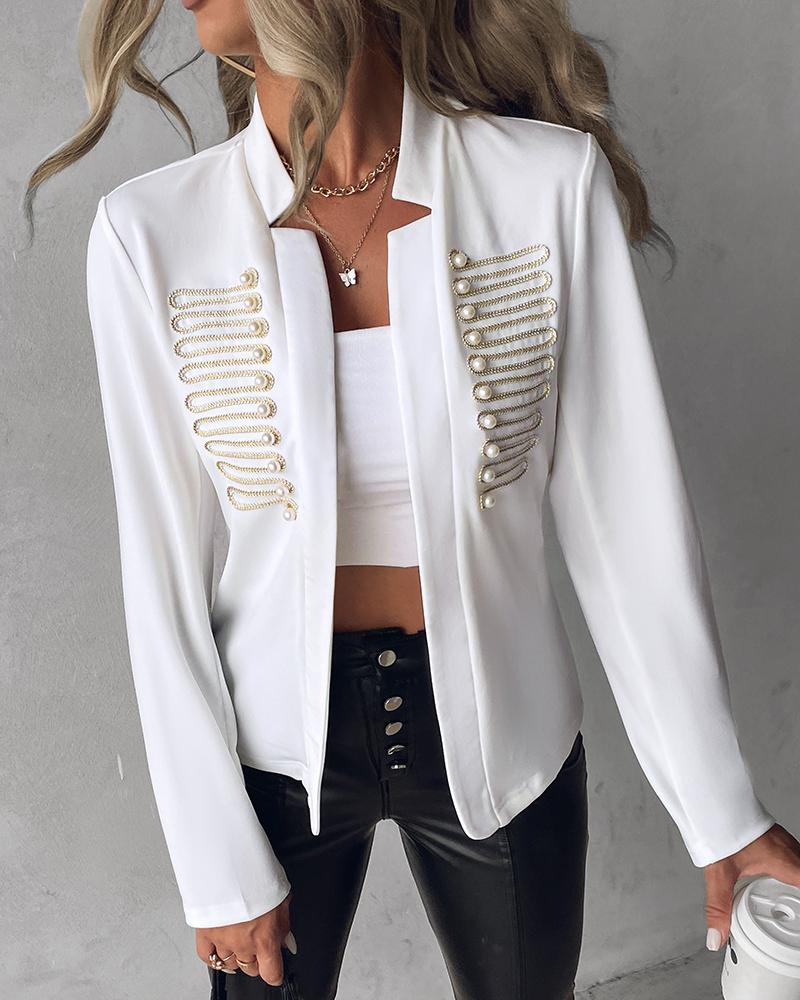 Pearls Decor Open Front Long Sleeve Blazer Coat