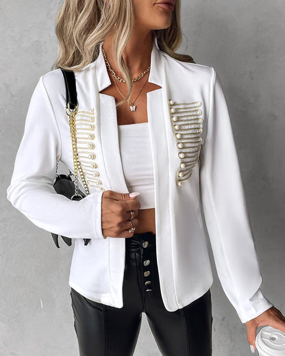 Pearls Decor Open Front Long Sleeve Blazer Coat