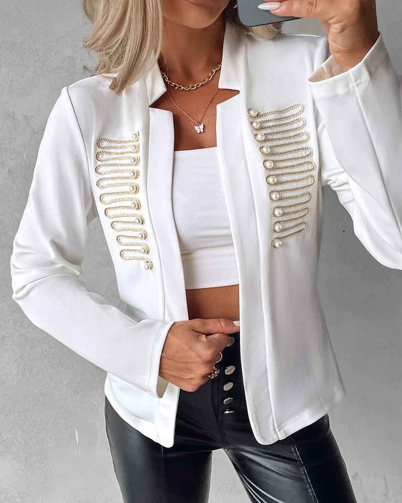 Pearls Decor Open Front Long Sleeve Blazer Coat