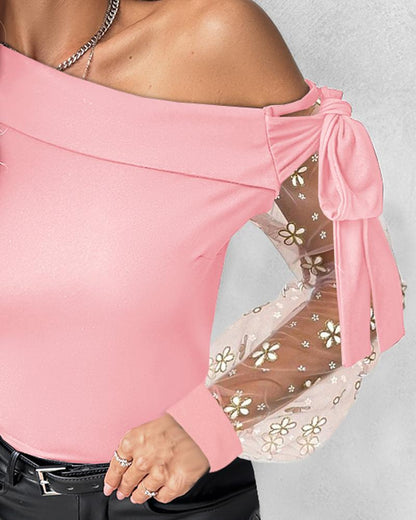 Floral Pattern Tied Detail Mesh Patch Top