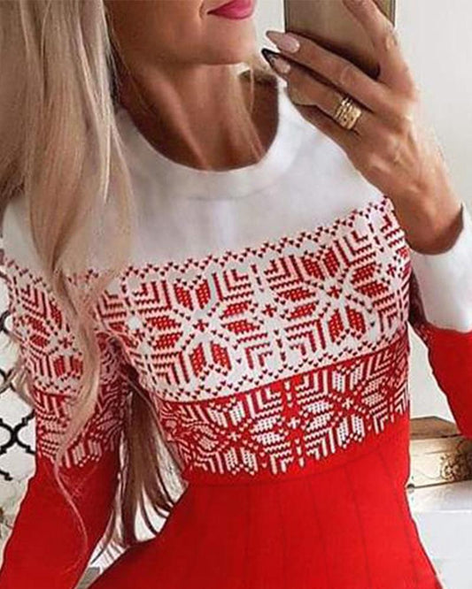 Christmas Snowflake Print Long Sleeve Pleated Dress