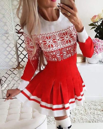 Christmas Snowflake Print Long Sleeve Pleated Dress