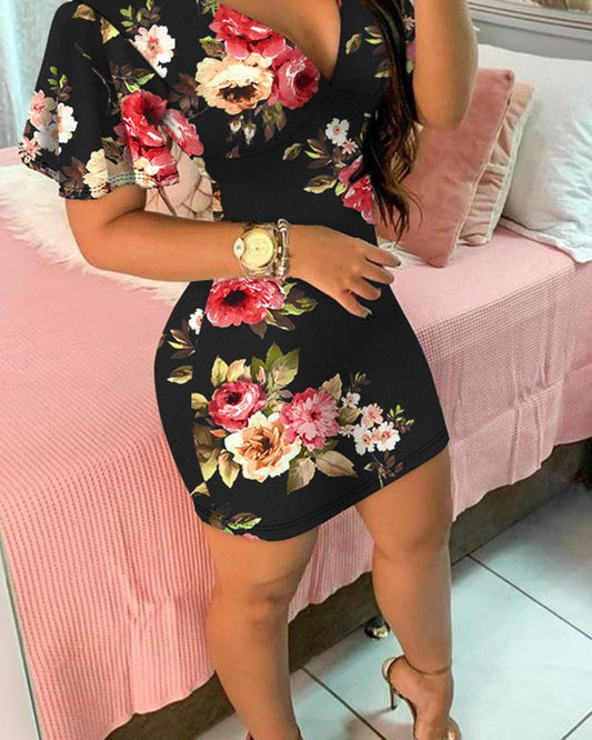 Floral Print Plunge Ruffle Hem Bodycon Dress