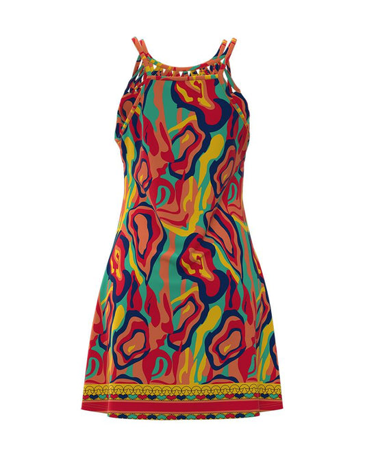 Multi Color Abstract Print Hollow Out Casual Dress