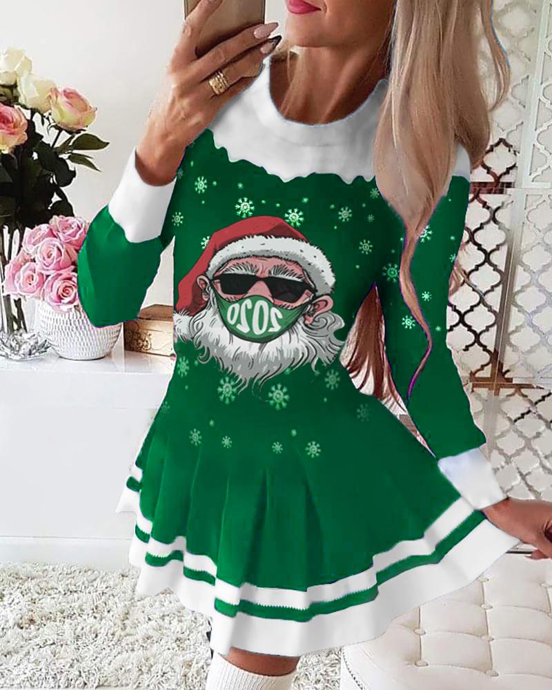 Christmas Santa Print Long Sleeve Pleated Dress