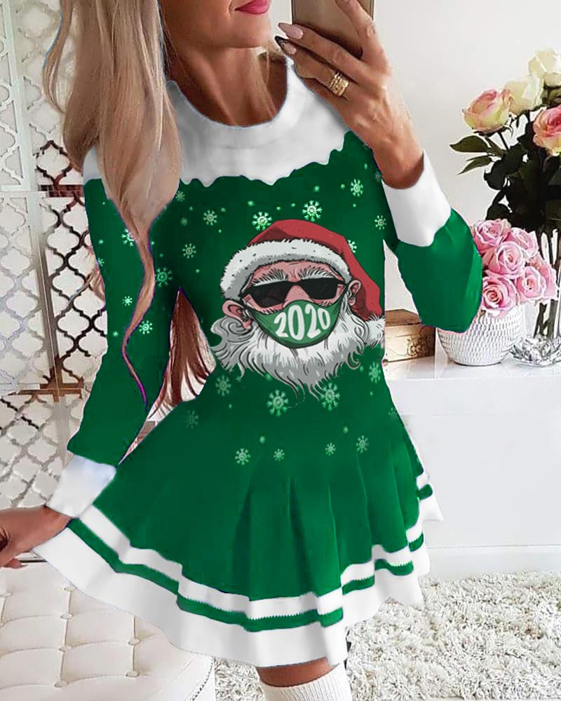 Christmas Santa Print Long Sleeve Pleated Dress