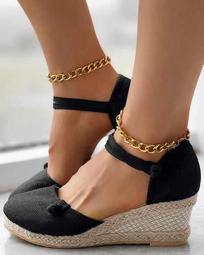 Braided Espadrille Knot Button Ankle Strap Wedge Sandals