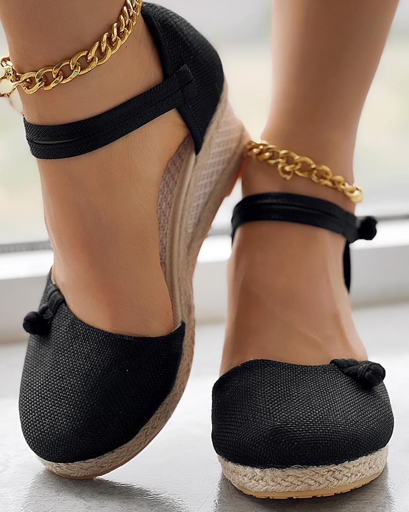 Braided Espadrille Knot Button Ankle Strap Wedge Sandals