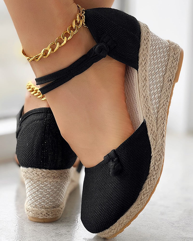 Braided Espadrille Knot Button Ankle Strap Wedge Sandals