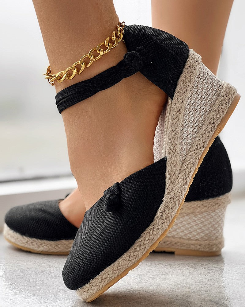 Braided Espadrille Knot Button Ankle Strap Wedge Sandals