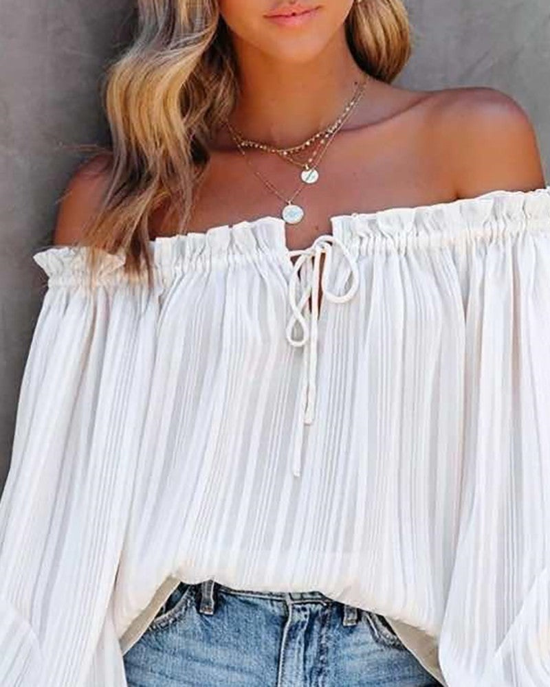 Off Shoulder Frill Hem Lantern Sleeve Top