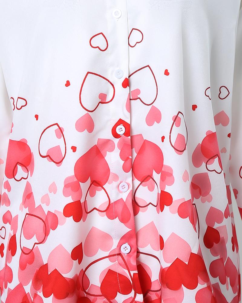 Valentine's Day Heart Print Long Sleeve Button Down Shirt