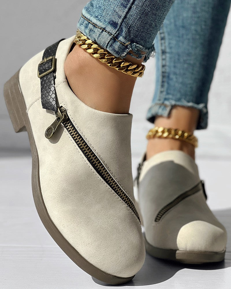 Zipper Design Chunky Heel Ankle Boots