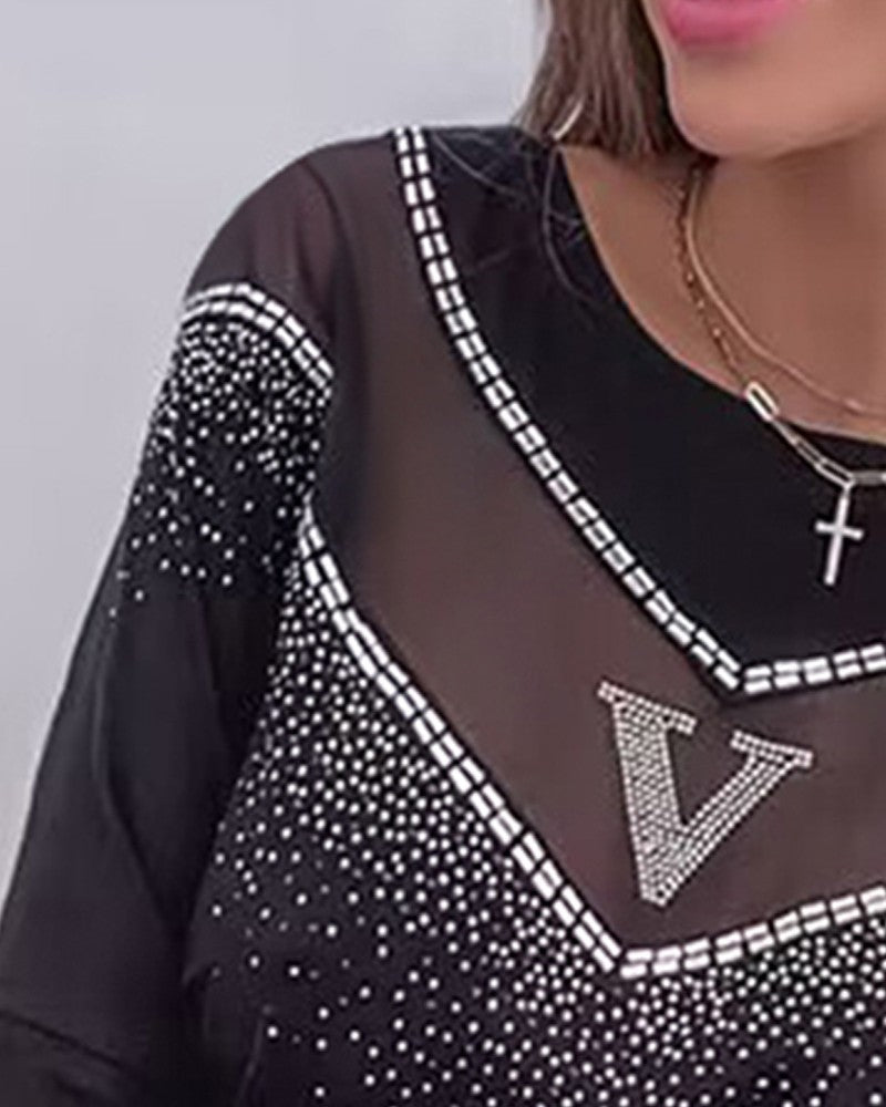 Letter Pattern Rhinestone Mesh Patch Top