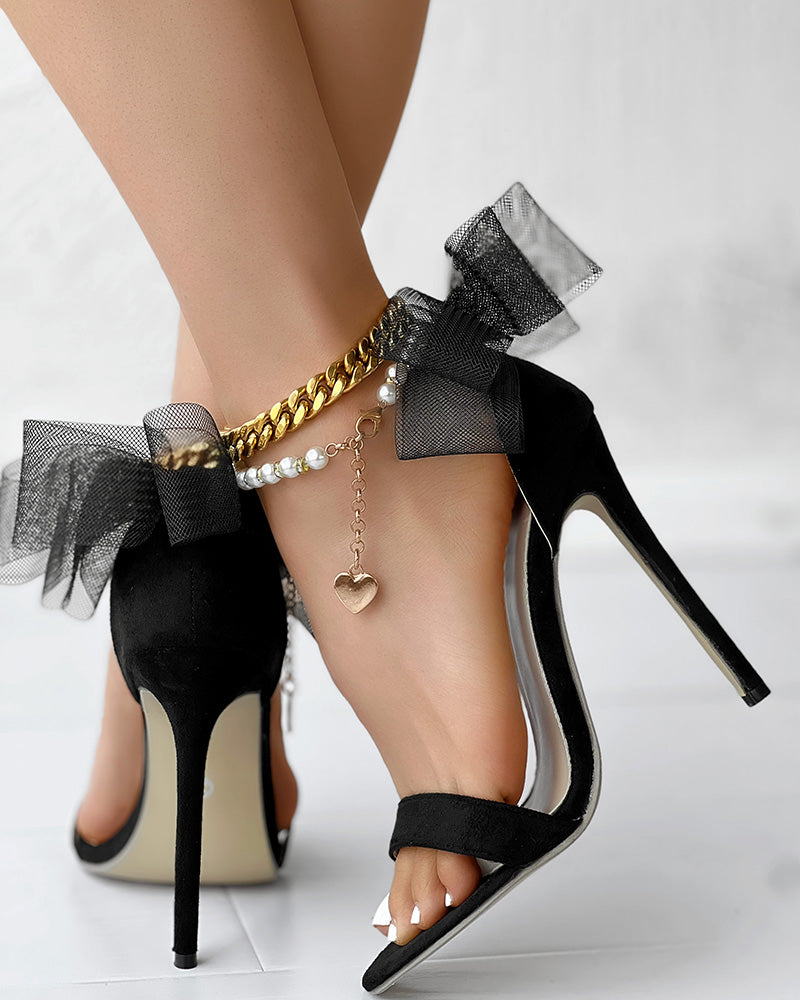 Bowknot Design Pearls Ankle Strap Stiletto Heeled Sandals