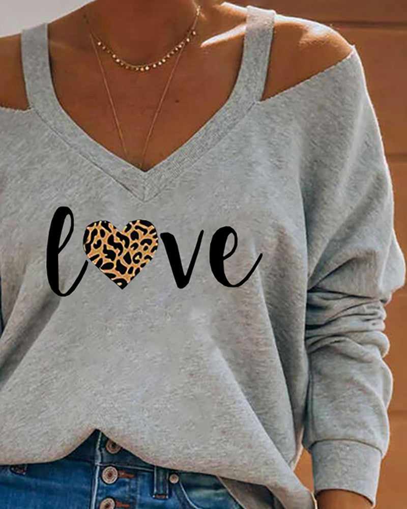 Letter Heart Print Cold Shoulder Casual Top