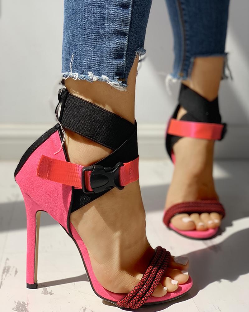 Colorblock Bandage Push Buckle Thin Heeled Sandals