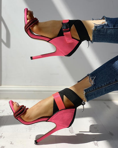 Colorblock Bandage Push Buckle Thin Heeled Sandals